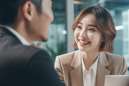 smiling asian businesswoman talking with colleague at meeting in officeの素材