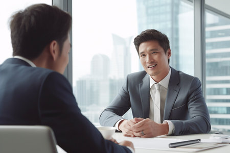 Asian business people discussing the charts and graphs showing the results of their successful teamworkの素材