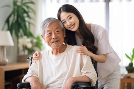Happy asian senior man in wheelchair with his caregiver at homeの素材
