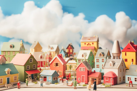 Miniature people standing on the roof of a small town with colorful housesの素材
