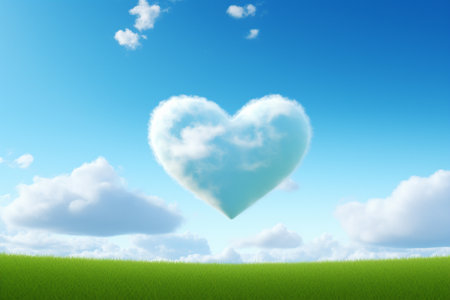 Heart shaped cloud on green grass and blue sky background, Love conceptの素材