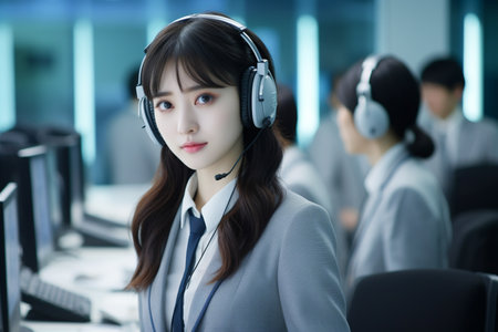 Beautiful asian call center operator with headset in the office.の素材