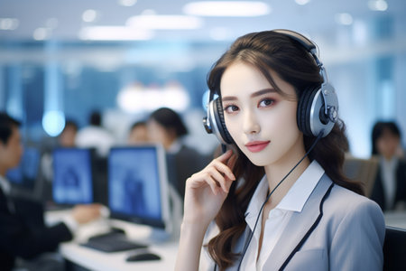 beautiful asian woman call center operator with headset in modern officeの素材