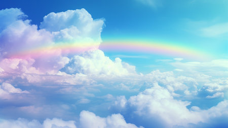 Blue sky background with white clouds and rainbow, 3d render illustrationの素材