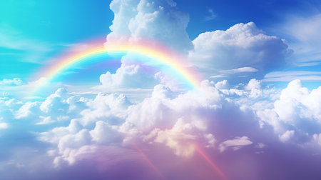 Beautiful rainbow above the clouds in the blue sky. 3d illustrationの素材