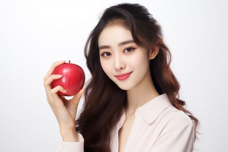 Beautiful asian woman with red apple on white background, asian beautyの素材