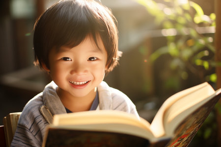 Cute asian boy reading a book in the morning sunlight.の素材