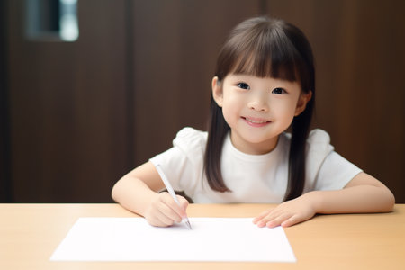 cute asian girl drawing with pencil on paper at wooden tableの素材