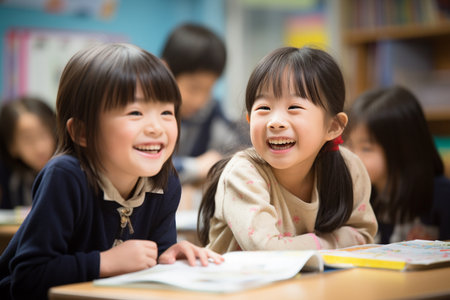 Group of happy asian children in elementary school classroom. Education concept.の素材