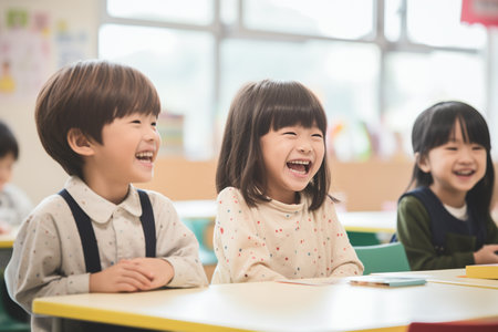 happy asian child girl and boy in classroom at elementary school.の素材