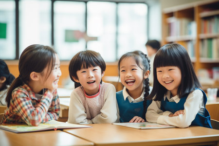group of happy asian elementary school students looking at camera in classroomの素材