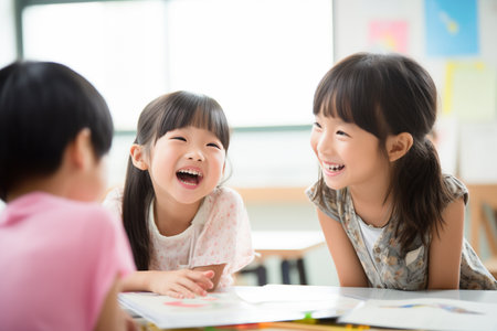 happy asian little girls studying with teacher in classroom. education conceptの素材