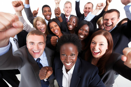 Group of happy business people with raised hands. Isolated on white background.の素材