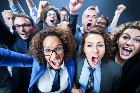 Portrait of happy business people cheering against grey background with vignetteの素材