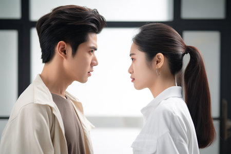 Young asian couple looking at each other in the room, Asian peopleの素材