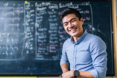 Portrait of smiling asian man standing in front of blackboardの素材