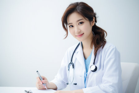 Portrait of asian female doctor with stethoscope and clipboard.の素材