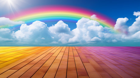 Wooden floor and rainbow over blue sky with white clouds background.の素材
