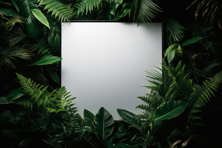 Blank white poster mockup with tropical leaves background. 3d renderingの素材
