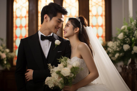 Asian bride and groom posing in the church. Wedding ceremony concept.の素材