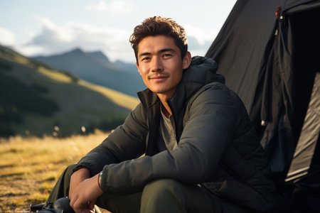 Portrait of a young man sitting near his tent in the mountainsの素材