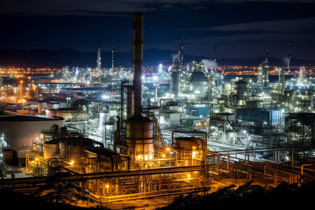Oil refinery at night. Refinery industry. Oil and gas concept.の素材
