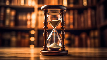 Hourglass and books on the background of the library. Time conceptの素材