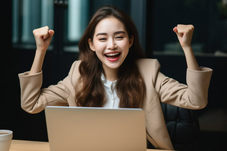 excited young asian businesswoman celebrating success with laptop in officeの素材