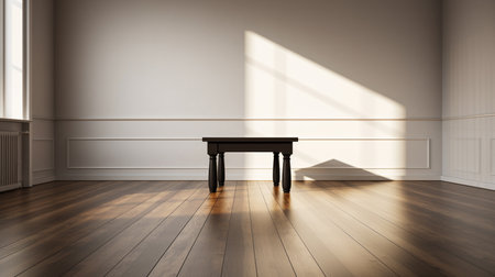 Interior of a room with a wooden floor and a black stoolの素材