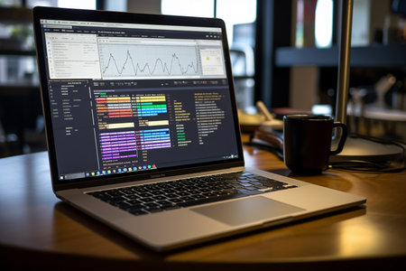 Laptop computer with stock market data on screen and coffee cup on tableの素材