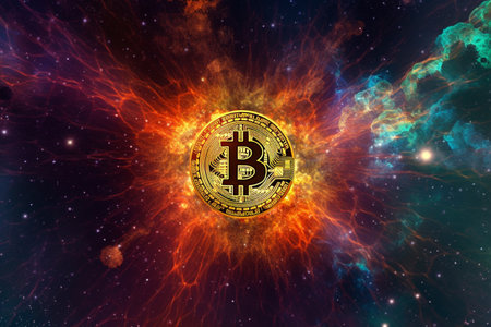 Bitcoin cryptocurrency coin on colorful space background. Cryptocurrency concept.の素材