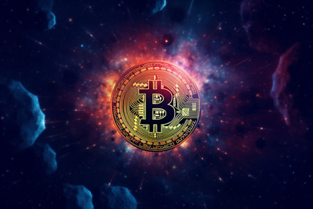 Bitcoin cryptocurrency coin on space background. Cryptocurrency mining concept.の素材