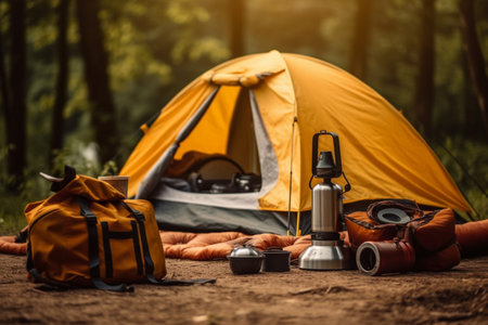Camping equipment on the background of a tent in the forest.の素材
