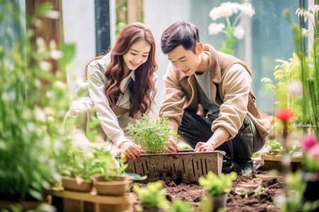 Young asian couple planting seedlings in the greenhouse. People lifestyle concept.の素材