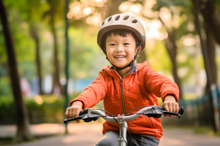 Happy asian child riding bicycle in the park at sunset time.の素材