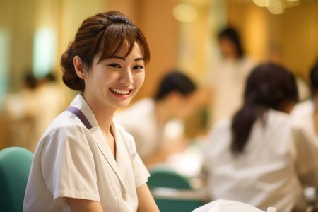 Female nurse smiling at the camera in a restaurant, asian beautyの素材