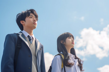 japanese high school students in blue sky (selective focus)の素材
