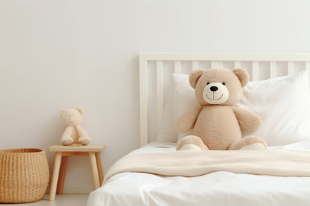 Cute teddy bear on bed at home. Space for textの素材