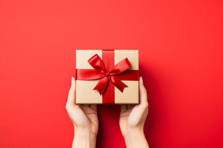 Female hands holding a gift box with a red bow on a red backgroundの素材