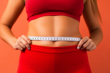 Close-up of sporty woman measuring her waist with a tape measure.の素材