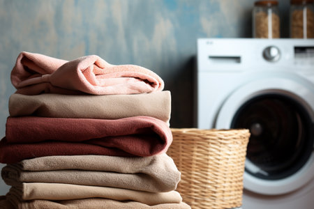 Laundry basket with folded clothes and washing machine on wooden backgroundの素材