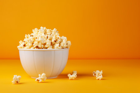 Popcorn in a white bowl on a yellow background. Copy space.の素材