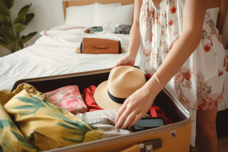 Close-up of female hands packing suitcase for summer vacation at homeの素材
