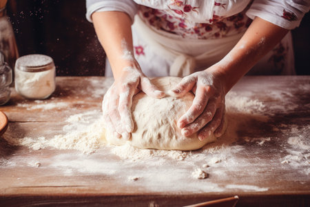 Female hands knead the dough on a wooden table with flour.の素材