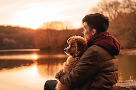 Young man with his dog at the lake at sunset in winter.の素材