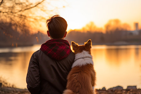 A boy with a dog in the park against the background of the sunsetの素材