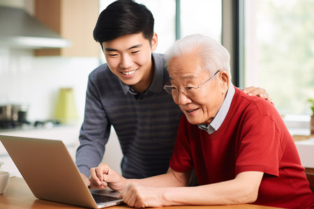 Asian senior man and his grandson using laptop computer in the kitchen at homeの素材