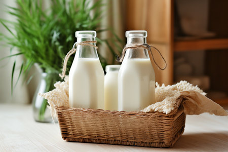 Bottles of milk in a basket on wooden table, close upの素材