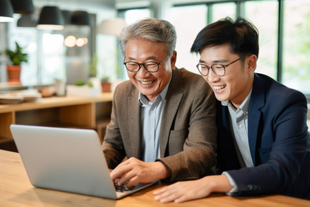 Happy asian businessman and senior businesswoman using laptop computer in cafeの素材