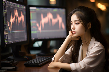 Portrait of young Asian businesswoman looking at computer monitor with stock market data.の素材